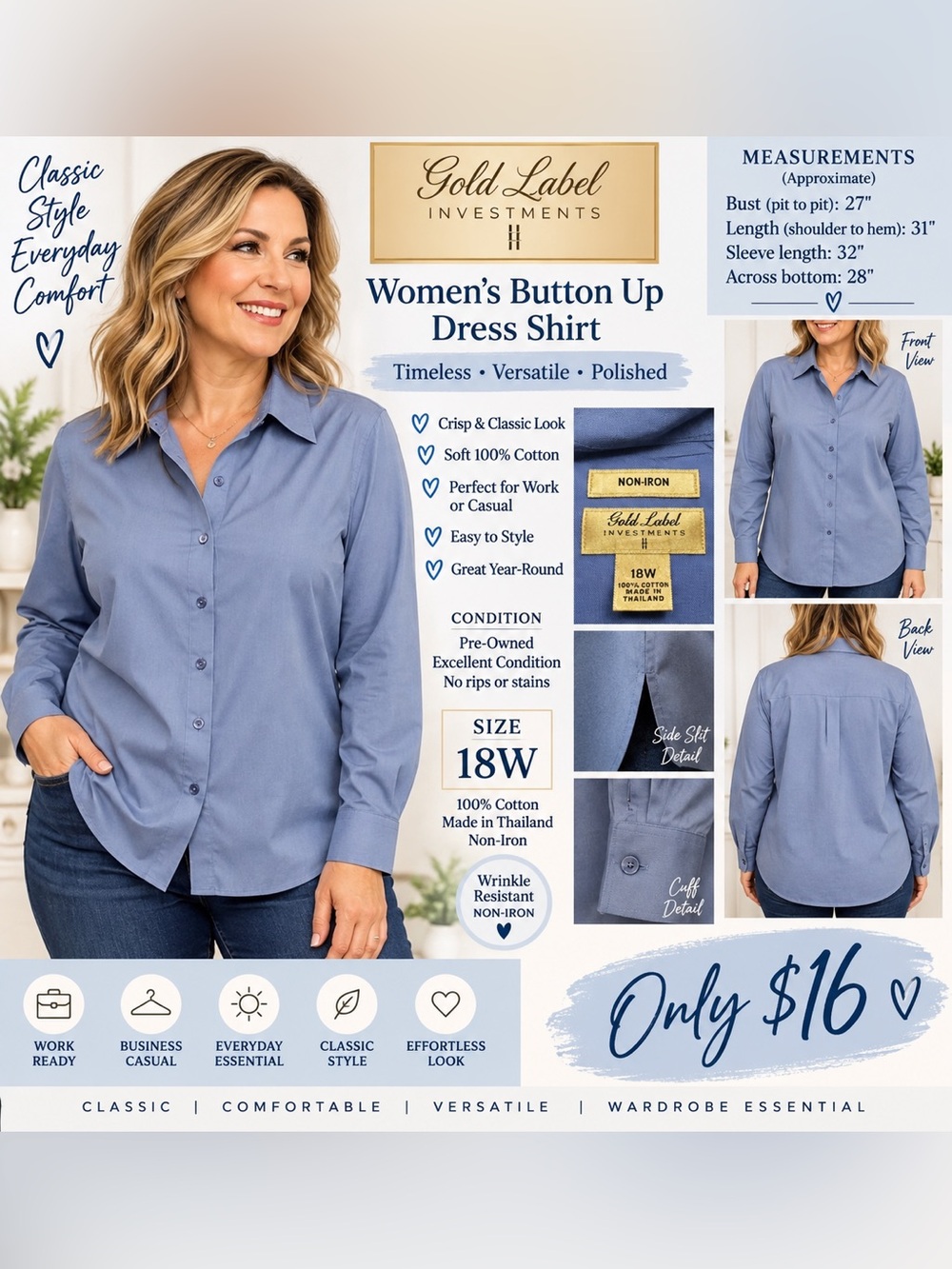 Gold Label Investment Light Blue Women's-Style Dress Shirt
